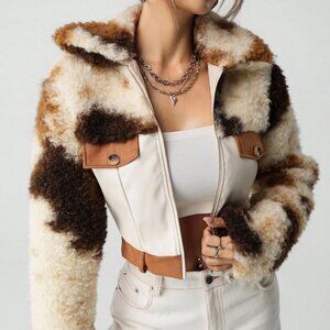 western Casual Women's faux Leather & faux Fur Patchwork Cropped Jacket,